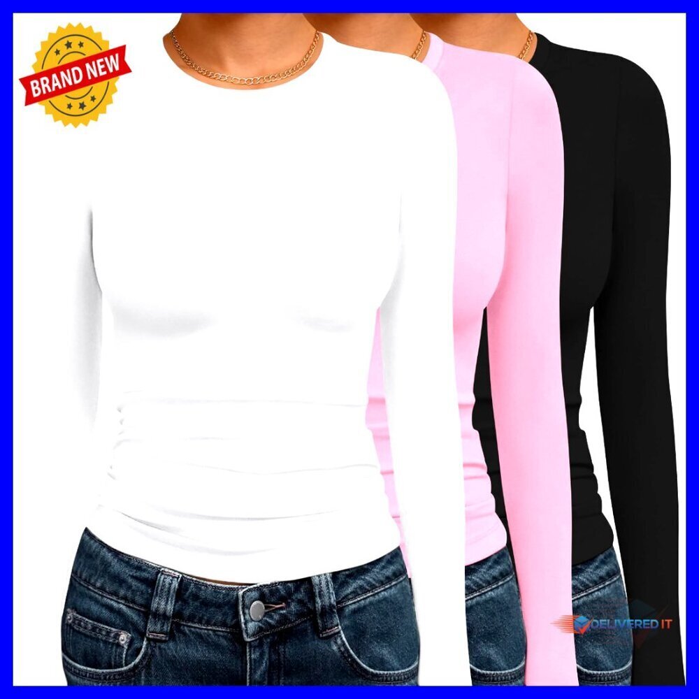 Long Sleeve Crew Neck Thermal Tops Slim Fit Ruch Side Tees Layering Essentials